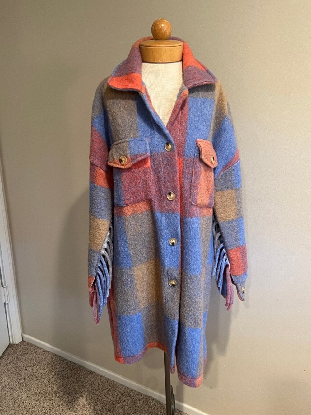 NASTY GAL Collection Plaid Fringe Western Jacket Beige Blue Orange